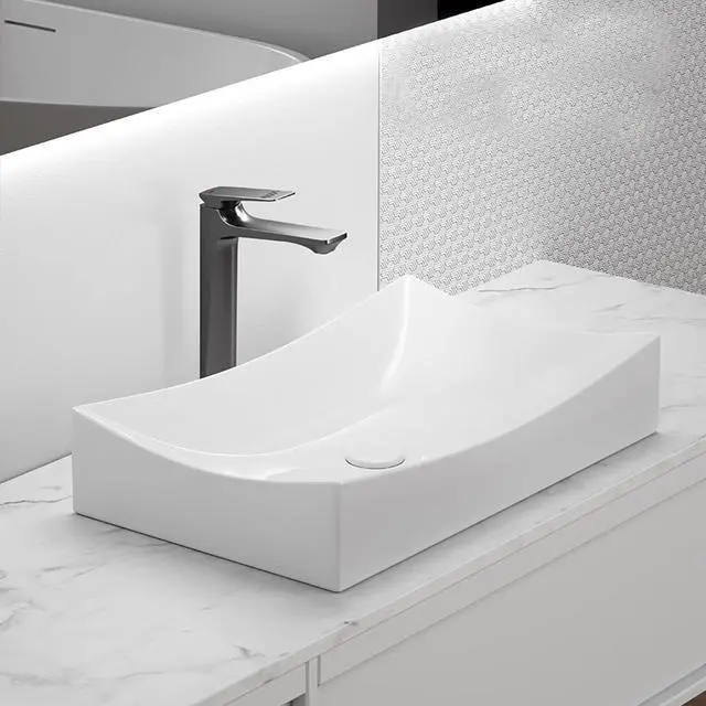 Alt view image 5 of 6 - Rectangle Bathroom Vessel Sink Above Counter Square Bowl Countertop 20"x15" Inches Modern Contemporary Porcelain Big Large Ceramic Wash Lavatory Basin Rectangular Sinks White,20" (Small)