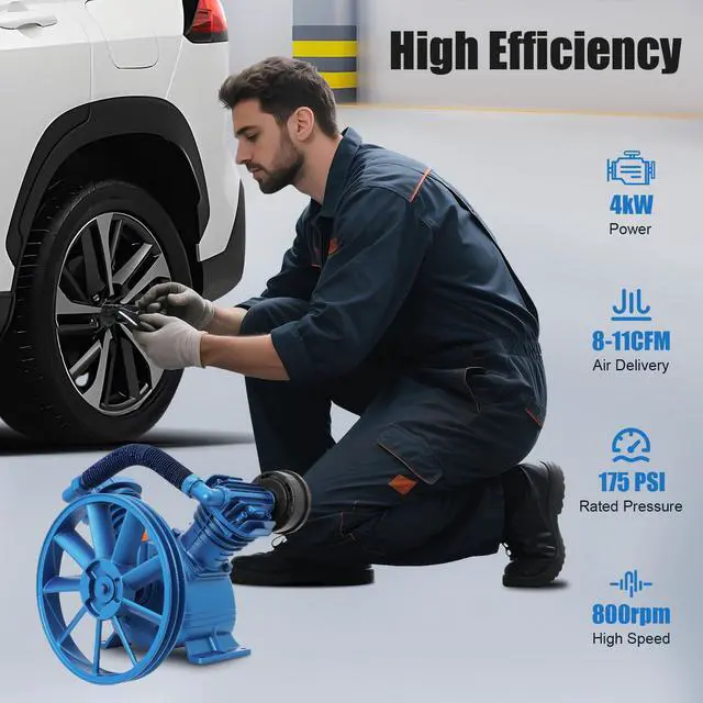 Alt view image 4 of 6 - Air Compressor Pump Head, 175 PSI 5.5HP V-Type Air Compressor Head Pump Twin Cylinder Design Low Energy Consumption Air Compressor with Flywheel, Cast Iron Aluminum (Style 5)