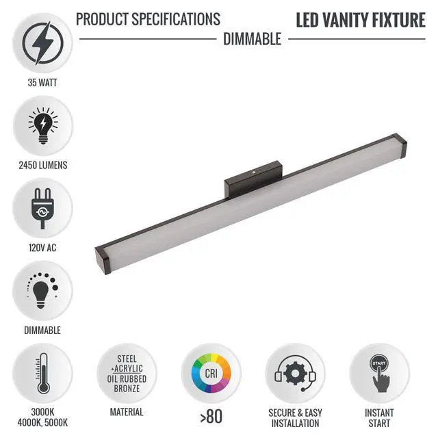 Alt view image 2 of 6 - LEDMyplace 48-Inch Modern Bathroom Vanity Light (3CCT Changeable 3000k/4000k/5000k, 35W, 120V, 2450LM, High CRI>80, ETL Listed, Bronze) | Dimmable Vanity Light for Bathroom Light Fixture Over Mirror