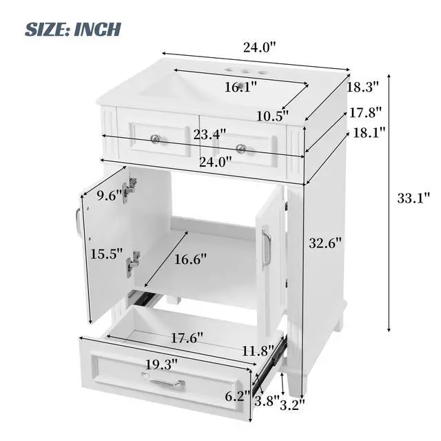 Alt view image 2 of 6 - 24 Inch Bathroom Vanity with Sink and Storage Cabinet, White | Modern Single Sink Bath Storage Cabinet with 2 Doors & 1 Drawer, Quick Assembly, Solid Wood Frame, Painted Finish