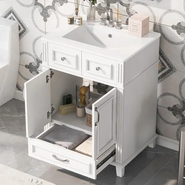 Alt view image 3 of 6 - 24 Inch Bathroom Vanity with Sink and Storage Cabinet, White | Modern Single Sink Bath Storage Cabinet with 2 Doors & 1 Drawer, Quick Assembly, Solid Wood Frame, Painted Finish