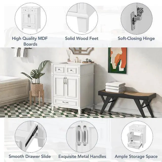 Alt view image 4 of 6 - 24 Inch Bathroom Vanity with Sink and Storage Cabinet, White | Modern Single Sink Bath Storage Cabinet with 2 Doors & 1 Drawer, Quick Assembly, Solid Wood Frame, Painted Finish