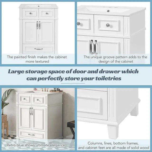Alt view image 5 of 6 - 24 Inch Bathroom Vanity with Sink and Storage Cabinet, White | Modern Single Sink Bath Storage Cabinet with 2 Doors & 1 Drawer, Quick Assembly, Solid Wood Frame, Painted Finish