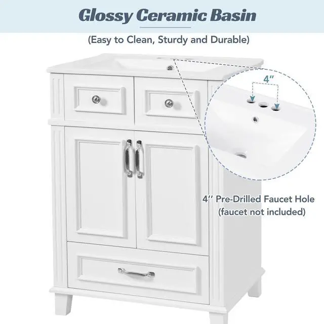 Alt view image 6 of 6 - 24 Inch Bathroom Vanity with Sink and Storage Cabinet, White | Modern Single Sink Bath Storage Cabinet with 2 Doors & 1 Drawer, Quick Assembly, Solid Wood Frame, Painted Finish