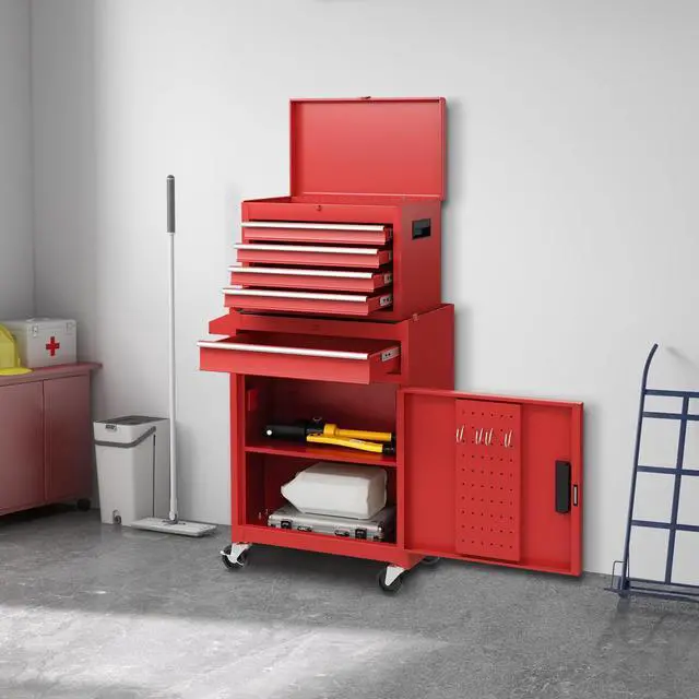 Alt view image 2 of 6 - Rolling Tool Chest, 5-Drawer Tool Storage Cabinet with Wheels, Adjustable Shelf & Anti-Slip Liner, Tool Box Organizer for Garage, Warehouse & Workshop (Red)