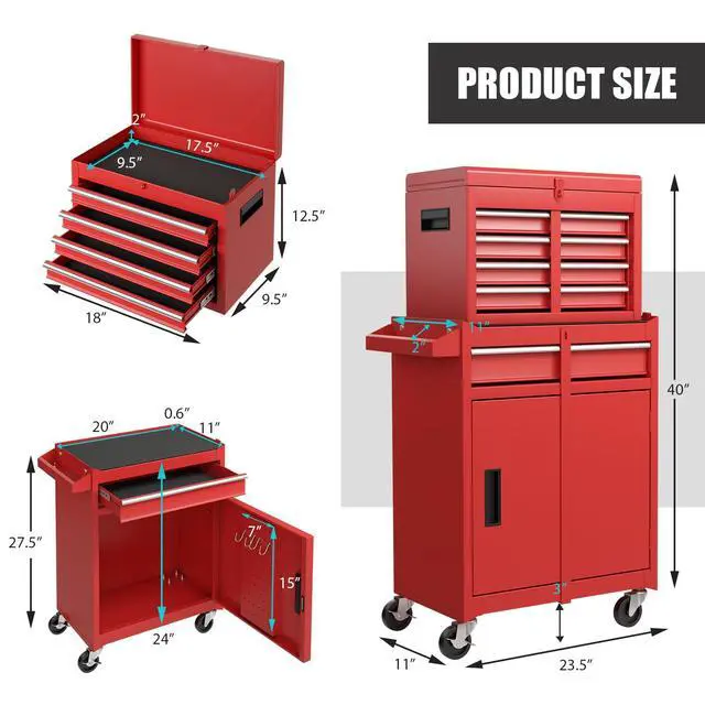 Alt view image 3 of 6 - Rolling Tool Chest, 5-Drawer Tool Storage Cabinet with Wheels, Adjustable Shelf & Anti-Slip Liner, Tool Box Organizer for Garage, Warehouse & Workshop (Red)