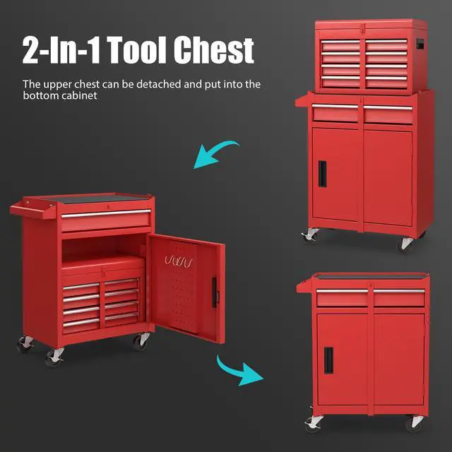 Alt view image 4 of 6 - Rolling Tool Chest, 5-Drawer Tool Storage Cabinet with Wheels, Adjustable Shelf & Anti-Slip Liner, Tool Box Organizer for Garage, Warehouse & Workshop (Red)