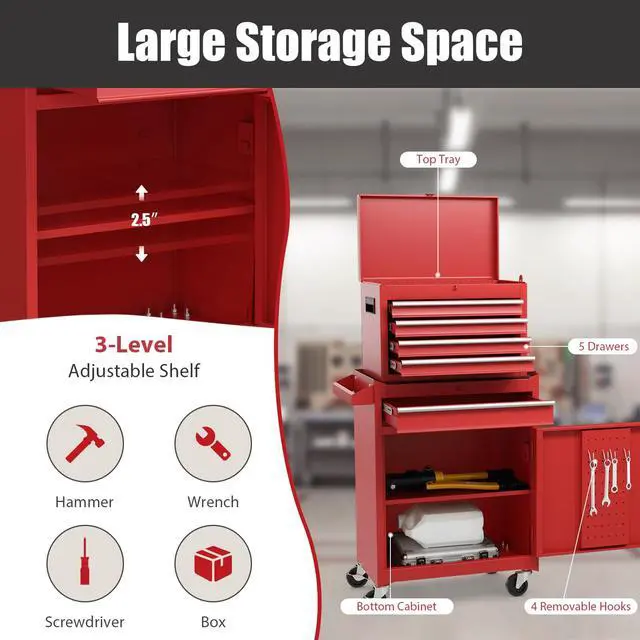 Alt view image 5 of 6 - Rolling Tool Chest, 5-Drawer Tool Storage Cabinet with Wheels, Adjustable Shelf & Anti-Slip Liner, Tool Box Organizer for Garage, Warehouse & Workshop (Red)