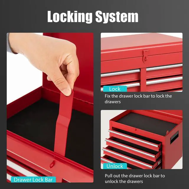 Alt view image 6 of 6 - Rolling Tool Chest, 5-Drawer Tool Storage Cabinet with Wheels, Adjustable Shelf & Anti-Slip Liner, Tool Box Organizer for Garage, Warehouse & Workshop (Red)