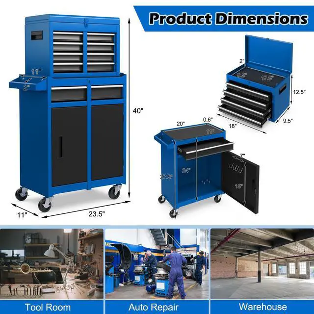 Alt view image 3 of 6 - Rolling Tool Chest, 5-Drawer Tool Storage Cabinet with Wheels, Adjustable Shelf & Anti-Slip Liner, Tool Box Organizer for Garage, Warehouse & Workshop (Blue+Black)