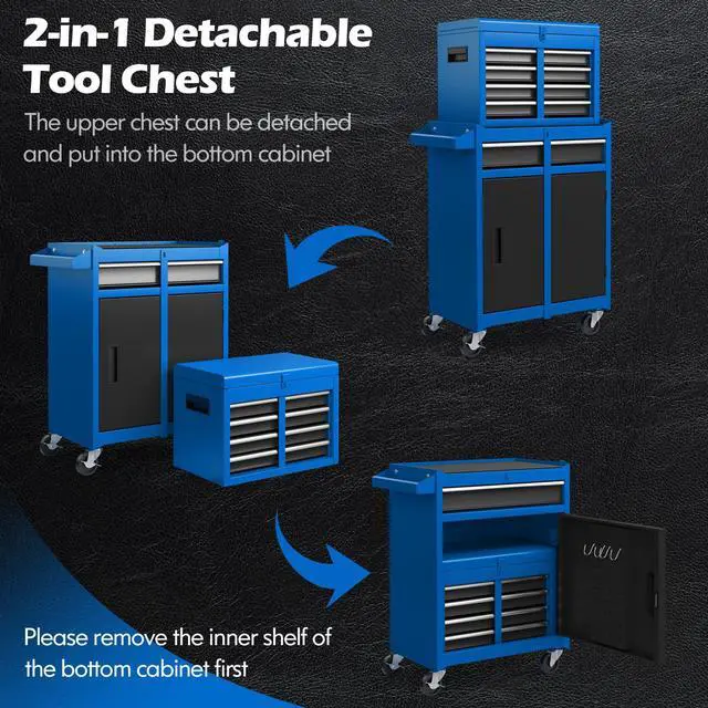 Alt view image 4 of 6 - Rolling Tool Chest, 5-Drawer Tool Storage Cabinet with Wheels, Adjustable Shelf & Anti-Slip Liner, Tool Box Organizer for Garage, Warehouse & Workshop (Blue+Black)
