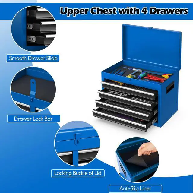 Alt view image 5 of 6 - Rolling Tool Chest, 5-Drawer Tool Storage Cabinet with Wheels, Adjustable Shelf & Anti-Slip Liner, Tool Box Organizer for Garage, Warehouse & Workshop (Blue+Black)