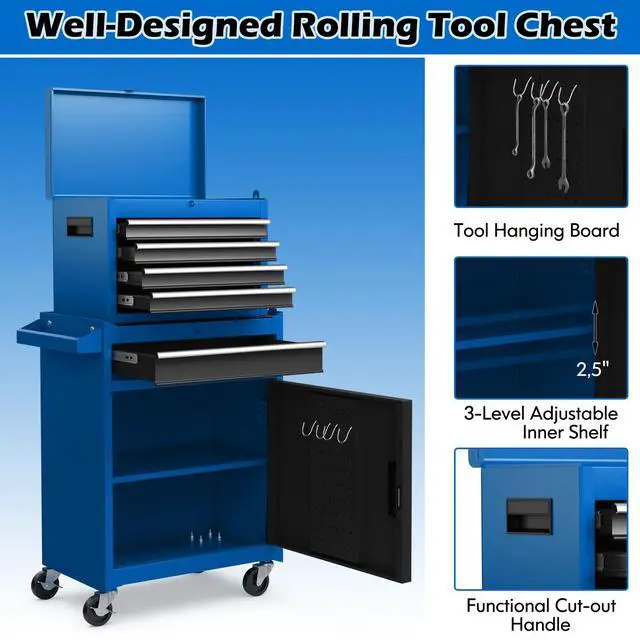 Alt view image 6 of 6 - Rolling Tool Chest, 5-Drawer Tool Storage Cabinet with Wheels, Adjustable Shelf & Anti-Slip Liner, Tool Box Organizer for Garage, Warehouse & Workshop (Blue+Black)