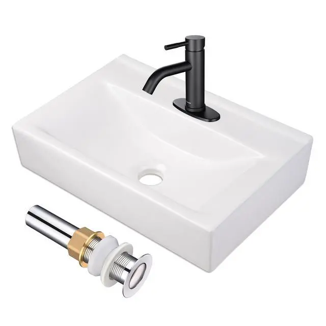 Alt view image 2 of 6 - Porcelain Bathroom Vessel Sink 18"x12" with Matte Balck Single | Handle Faucet Pop-up Drain Set Rectangle Above Counter Vanity Basin Arts & Crafts