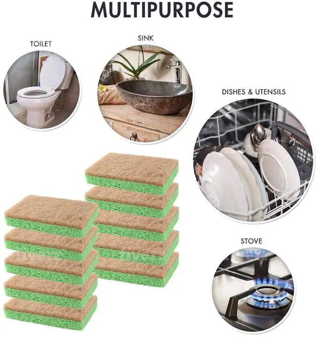 Alt view image 4 of 7 - Natural Sponges - 10 Pack Biodegradable Compostable Cellulose and Coconut Natural Sponges for Dishes, Eco Friendly Non Toxic Kitchen Sponge