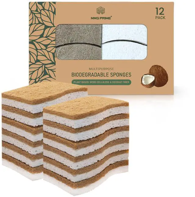 Main image of Natural Kitchen Sponge 12-Pack Biodegradable Sponges for Dishes Compostable Dish Washing Scrubbers Eco Friendly Non-Scratch Cellulose & Coconut Husk Scrubber Sponges for Cleaning