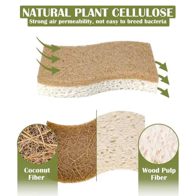 Alt view image 3 of 6 - 14Pack Natural Kitchen Sponge, Eco-Friendly Dish Sponge for Kitchen - Biodegradable Cellulose and Coconut Scrubber - Household Cleaning Sponge for Dishes, White