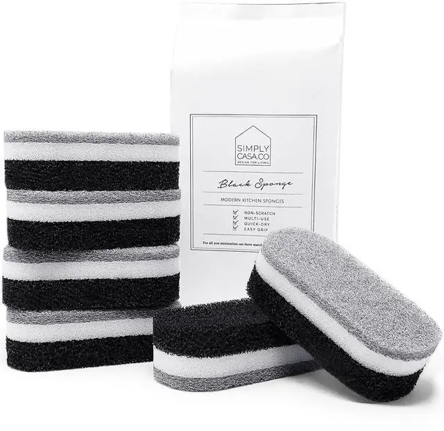 Main image of Kitchen Dish Cleaning Sponges - Pack of 6 | Non-Scratch & Fast-Drying | Reusable Scrubbers for Kitchen & Household Use | Stylish Black & White Design