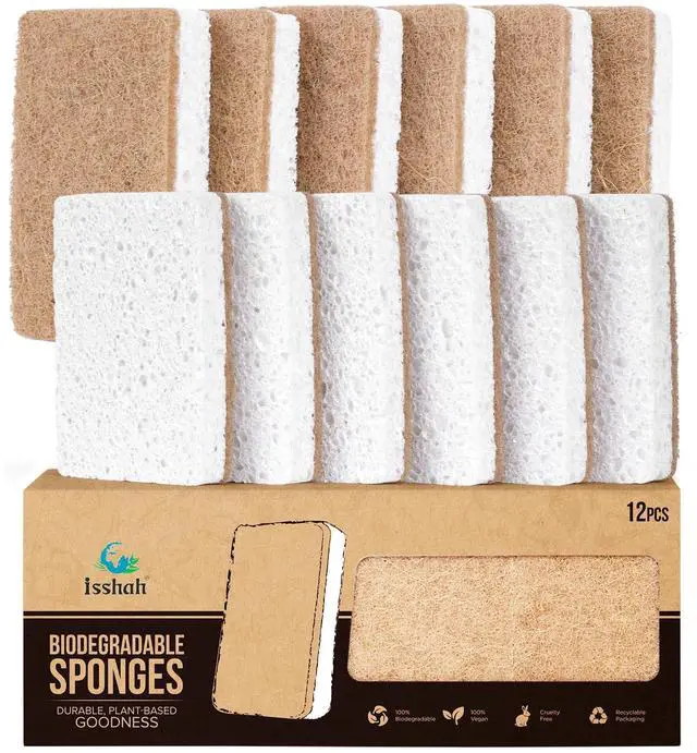 Main image of Plant-Based Kitchen Sponges - FSC Certified and PETA Approved, Natural, Eco-Friendly, Biodegradable Sisal Hemp Sponges for Dishes, Cleaning Sponge for Kitchen, Bathroom, Household - 12 Count