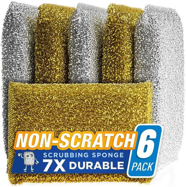 Main image of Kitchen Scrubbing Sponges - Heavy Duty Non Scratch Scrubbing Cleaner Sponges in 2 Colors - Multi Surface Non Metal Dish Scouring Scrubbers for Fast Cleaning (Gold & Silver, 6)