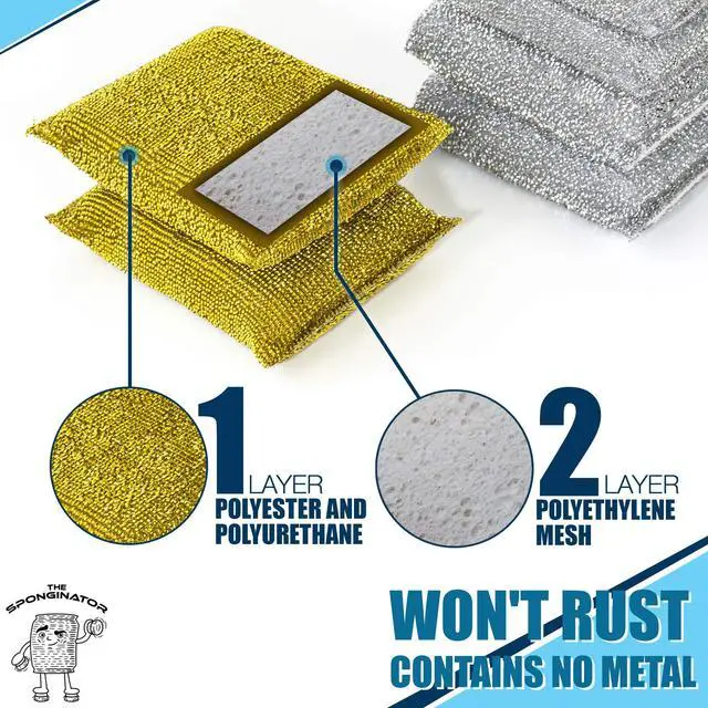 Alt view image 3 of 7 - Kitchen Scrubbing Sponges - Heavy Duty Non Scratch Scrubbing Cleaner Sponges in 2 Colors - Multi Surface Non Metal Dish Scouring Scrubbers for Fast Cleaning (Gold & Silver, 6)