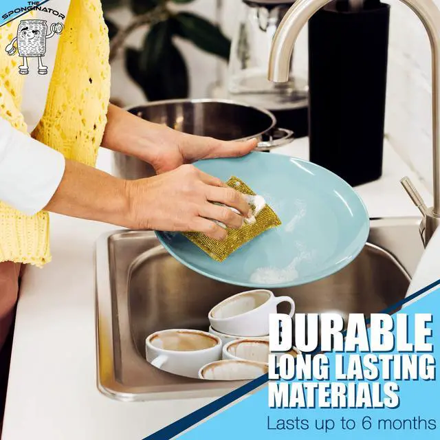 Alt view image 4 of 7 - Kitchen Scrubbing Sponges - Heavy Duty Non Scratch Scrubbing Cleaner Sponges in 2 Colors - Multi Surface Non Metal Dish Scouring Scrubbers for Fast Cleaning (Gold & Silver, 6)