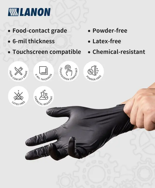 Alt view image 2 of 7 - 6-mil Black Nitrile Disposable Gloves, Food-Safe, Powder-Free, Heavy-Duty, Textured Fingertips, Latex-Free, Medium