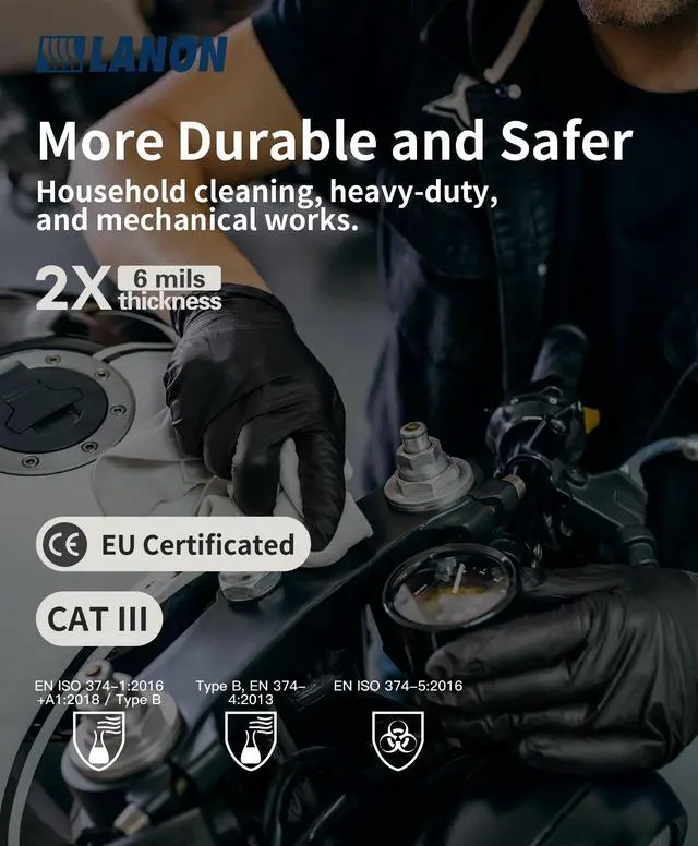 Alt view image 3 of 7 - 6-mil Black Nitrile Disposable Gloves, Food-Safe, Powder-Free, Heavy-Duty, Textured Fingertips, Latex-Free, Medium
