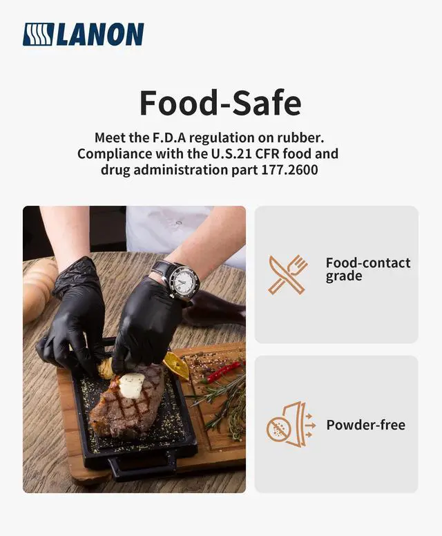 Alt view image 4 of 7 - 6-mil Black Nitrile Disposable Gloves, Food-Safe, Powder-Free, Heavy-Duty, Textured Fingertips, Latex-Free, Medium