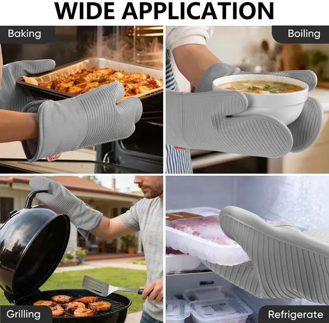 Alt view image 5 of 7 - Silicone Oven Mitts,High Heat Resistant Up to 500 Degrees,Waterproof Cooking Gloves with Soft Polyester Filling,Kitchen Potholder Set - Perfect for BBQ,Baking and Cooking,Grey,2 Pcs Set