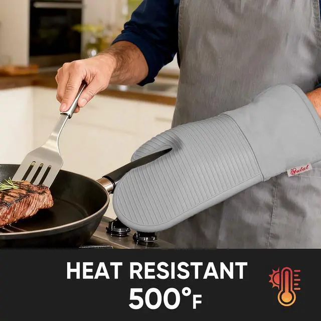 Alt view image 7 of 7 - Silicone Oven Mitts,High Heat Resistant Up to 500 Degrees,Waterproof Cooking Gloves with Soft Polyester Filling,Kitchen Potholder Set - Perfect for BBQ,Baking and Cooking,Grey,2 Pcs Set