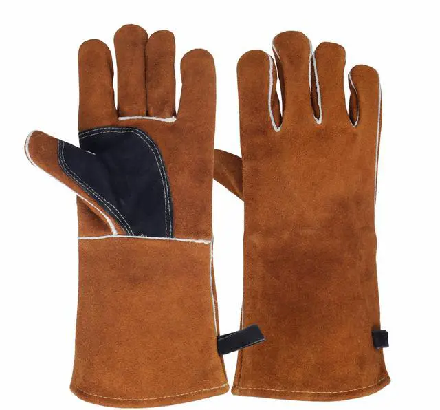 Main image of Leather Fireplace Gloves Heat Resistant for Mig,Tig welding,Stick,Forge,BBQ,Grill, Wood Stove,Fireproof Stitching (Brown &Black Reinforced Palm)