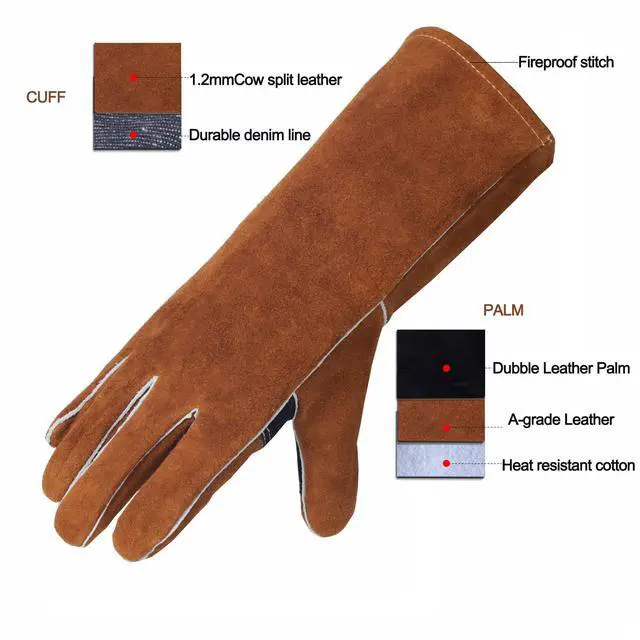 Alt view image 2 of 6 - Leather Fireplace Gloves Heat Resistant for Mig,Tig welding,Stick,Forge,BBQ,Grill, Wood Stove,Fireproof Stitching (Brown &Black Reinforced Palm)