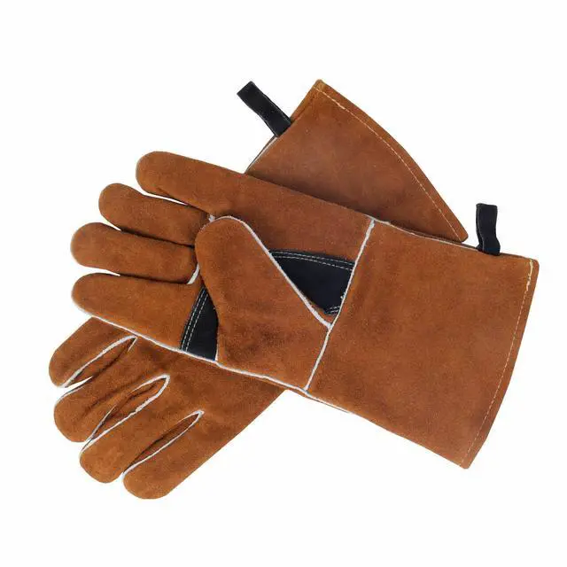 Alt view image 3 of 6 - Leather Fireplace Gloves Heat Resistant for Mig,Tig welding,Stick,Forge,BBQ,Grill, Wood Stove,Fireproof Stitching (Brown &Black Reinforced Palm)