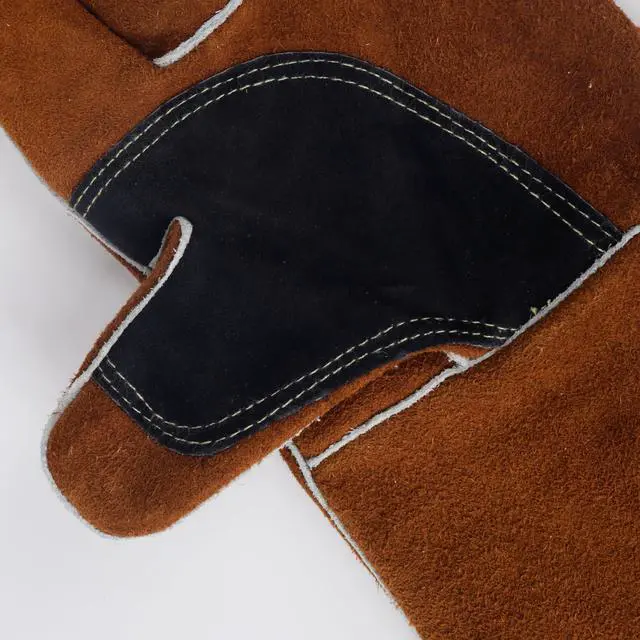 Alt view image 4 of 6 - Leather Fireplace Gloves Heat Resistant for Mig,Tig welding,Stick,Forge,BBQ,Grill, Wood Stove,Fireproof Stitching (Brown &Black Reinforced Palm)