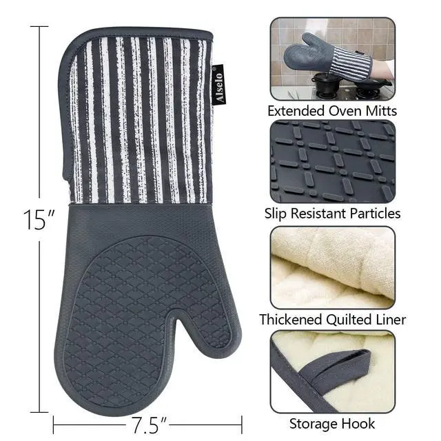 Alt view image 2 of 7 - Silicone Oven Mitts Heat Resistant 932 with Waterproof & Non-Slip Kitchen Mittens, Set of 2 Extra Long Oven Gloves with Soft Cotton Terry Lining for Baking Cooking Barbecue