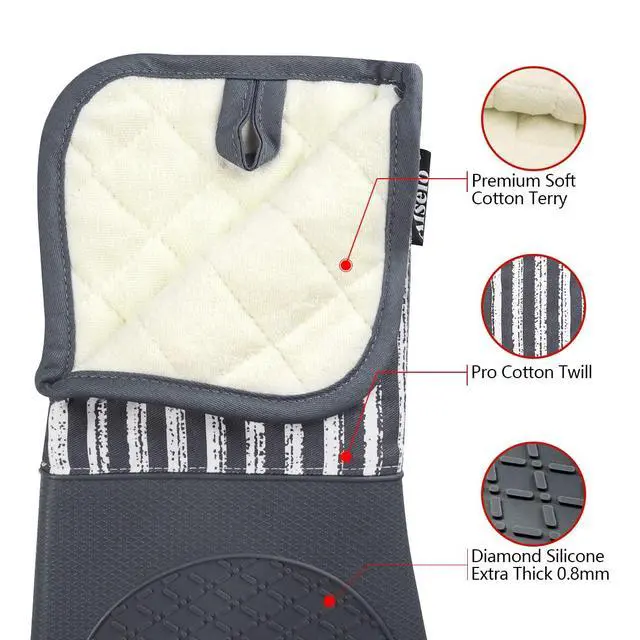 Alt view image 3 of 7 - Silicone Oven Mitts Heat Resistant 932 with Waterproof & Non-Slip Kitchen Mittens, Set of 2 Extra Long Oven Gloves with Soft Cotton Terry Lining for Baking Cooking Barbecue