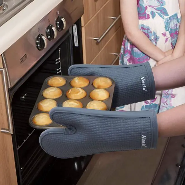 Alt view image 4 of 7 - Oven Mitts Heat Resistant Silicone Kitchen Gloves for 550 Degrees with Waterproof and Non-Silp, Set of 2 Oven Gloves for Baking Cooking Barbecue Microwave Machine Washable (Grey, 2)