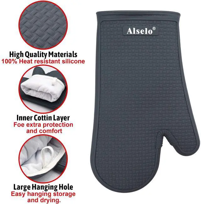 Alt view image 3 of 7 - Oven Mitts Heat Resistant Silicone Kitchen Gloves for 550 Degrees with Waterproof and Non-Silp, Set of 2 Oven Gloves for Baking Cooking Barbecue Microwave Machine Washable (Grey, 2)
