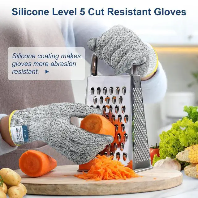 Alt view image 2 of 7 - Level 5 Cut Resistant Gloves with Silicone Coating, Food Grade Kitchen Knife Safety Gloves, Work Gloves for Chef, Mandoline Oyster Shucking Meat Cutting Wood Carving (Gray Large), Grey