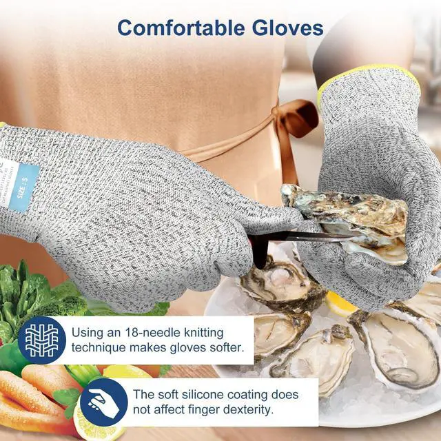 Alt view image 5 of 7 - Level 5 Cut Resistant Gloves with Silicone Coating, Food Grade Kitchen Knife Safety Gloves, Work Gloves for Chef, Mandoline Oyster Shucking Meat Cutting Wood Carving (Gray Large), Grey