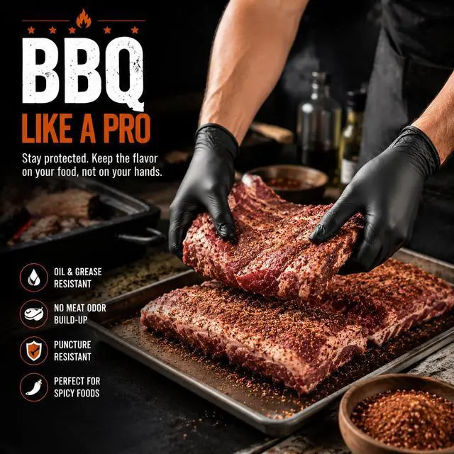 Alt view image 2 of 7 - Black Nitrile Gloves for Cooking and BBQ, 4 Mil Food Safe, Large