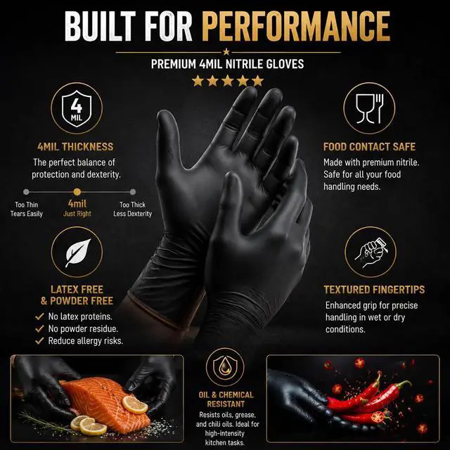 Alt view image 6 of 7 - Black Nitrile Gloves for Cooking and BBQ, 4 Mil Food Safe, Large