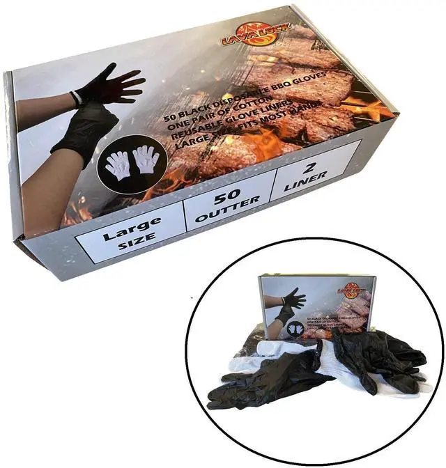 Main image of Disposable Nitrile BBQ Gloves with Cotton Liners for Outdoor Cooking Grilling Smokers and Barbecue Competition, Chef or Kitchen use (Large 50 Count Black)