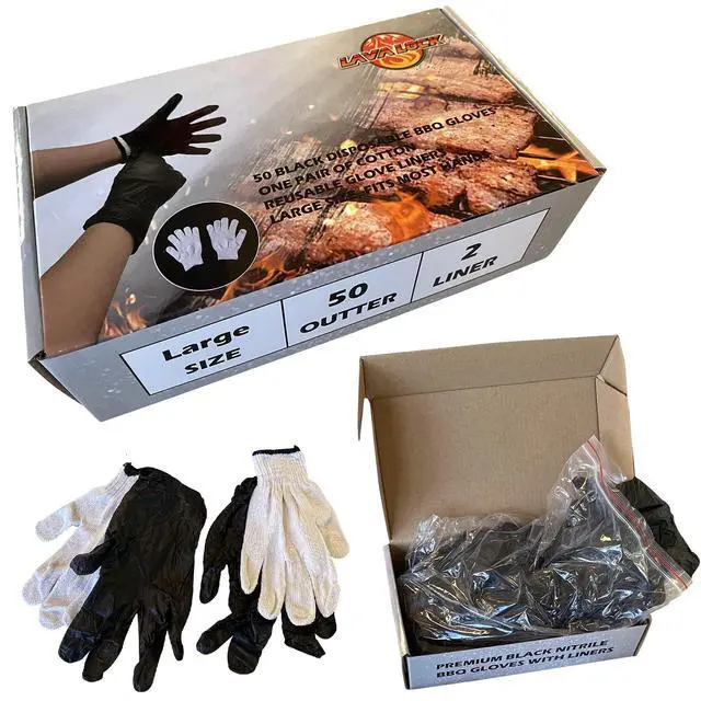 Alt view image 6 of 7 - Disposable Nitrile BBQ Gloves with Cotton Liners for Outdoor Cooking Grilling Smokers and Barbecue Competition, Chef or Kitchen use (Large 50 Count Black)