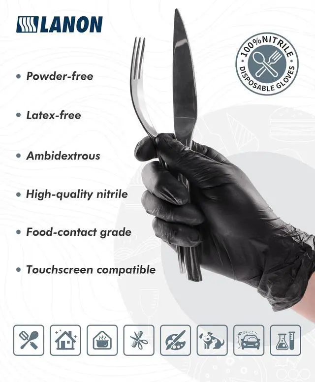 Alt view image 2 of 6 - Food Safe Disposable Nitrile Gloves, Latex-Free, Powder-Free, Silicone-Free, Textured Fingertips, Cooking, BlackMedium
