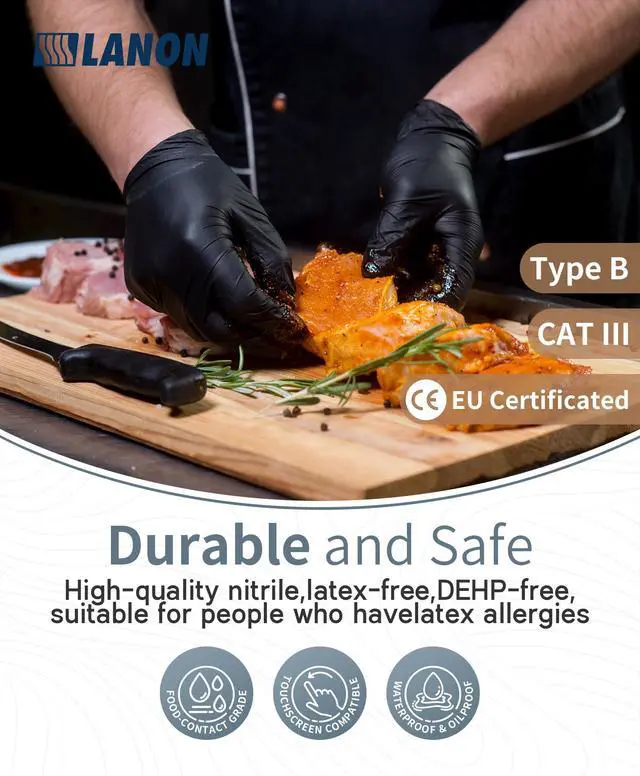 Alt view image 5 of 6 - Food Safe Disposable Nitrile Gloves, Latex-Free, Powder-Free, Silicone-Free, Textured Fingertips, Cooking, BlackMedium