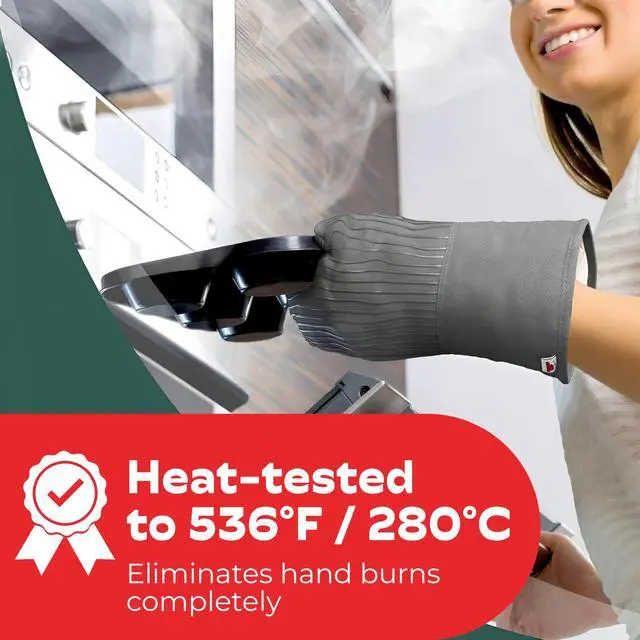 Alt view image 2 of 7 - Silicone Oven Mitts - Gray Set of 2-12.5" - Heat Resistant to 536 F / 280 C Kitchen Gloves - Professional Grade Protection Hot Cooking Baking