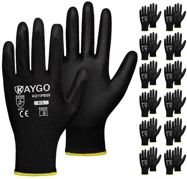 Main image of Work Gloves for Men and Women,12 Pairs Seamless Knit PU Coated Safety Gloves, with Smooth Grip on Palm and Fingers, Ideal for Light Warehouse, Manufacturing, Gardening, KG11P (L, Black)