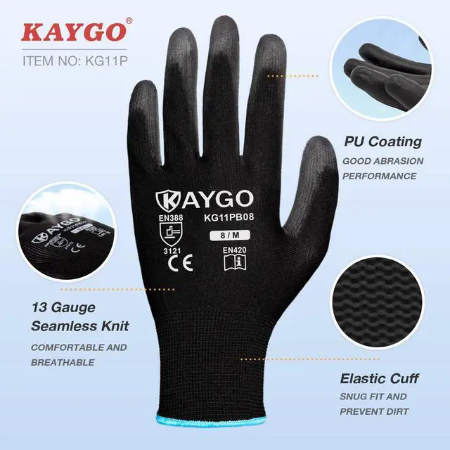 Alt view image 2 of 6 - Work Gloves for Men and Women,12 Pairs Seamless Knit PU Coated Safety Gloves, with Smooth Grip on Palm and Fingers, Ideal for Light Warehouse, Manufacturing, Gardening, KG11P (L, Black)